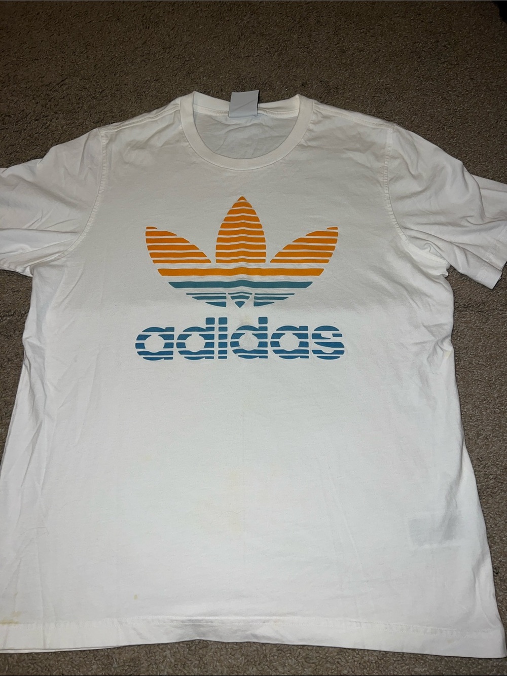 adidas White Short Sleeve Tee with Orange & Blue Striped Trefoil
